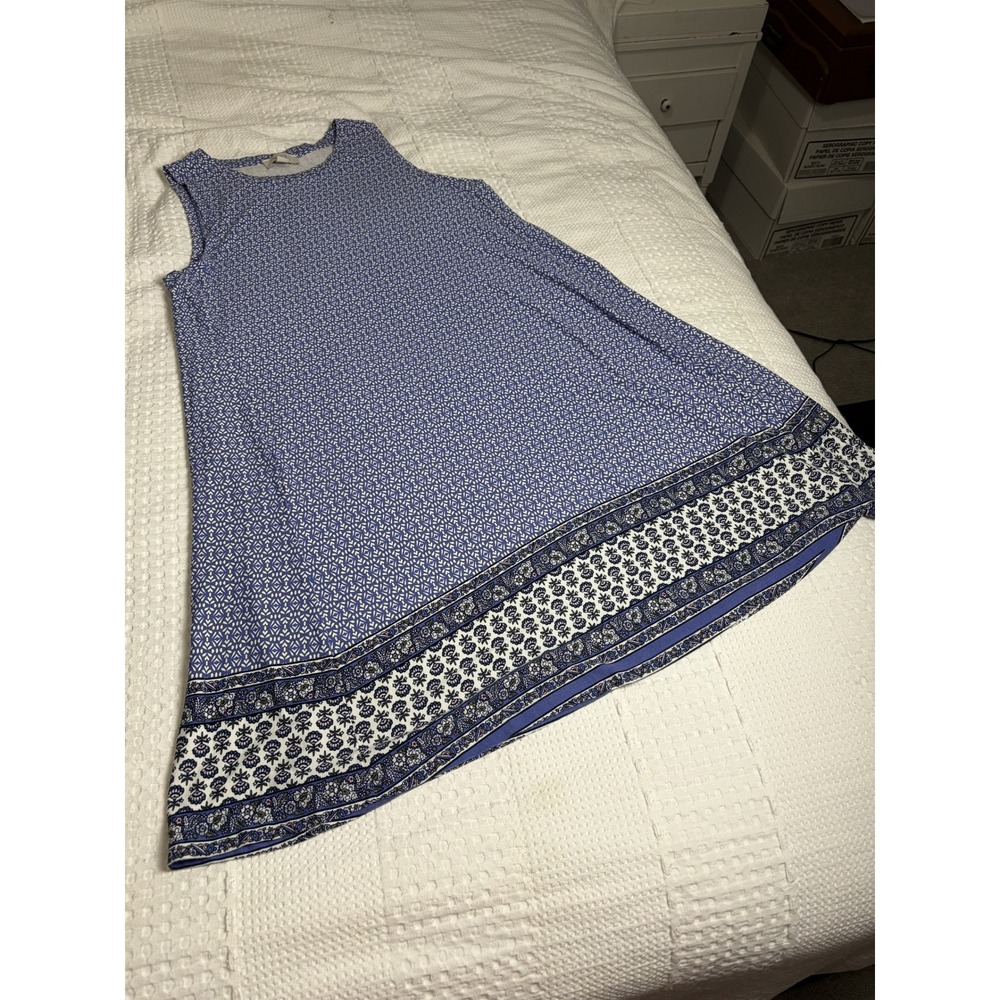 Loft Outlet Blue White Geometric Floral Border Print Sleeveless Swing Dress M